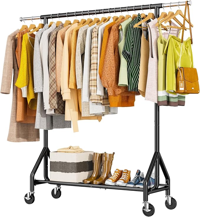 HYSEYY Heavy Duty Clothes Rack Load 450 LBS, Metal Garment Rack, Standing Rolling Clothing Rack for Hanging Clothes with Sturdy Wheels & Shelves, Portable Closet Wardrobe Rack,Black