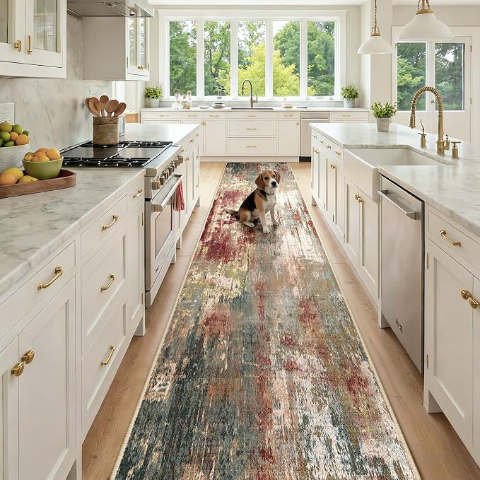 RELEANY Washable Runner 2'6"x14' Abstract Area Rug for Hallway Rustic Brown | Carpet for Kitchen, Entryway, Bathroom, Living Room, Bedroom, Printed Pattern, Non‑Slip, Soft, Stain‑Resistant, Easy to Clean