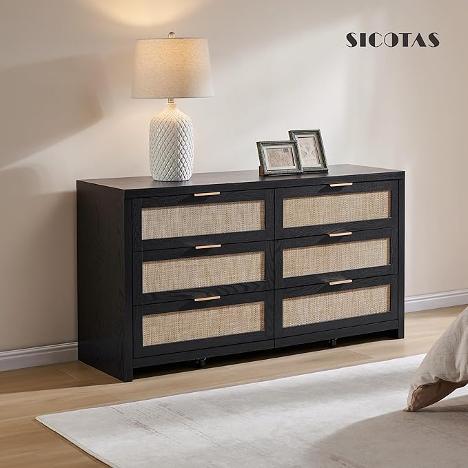 SICOATS Rattan Dressers for Bedroom Set 2, Large 6 Drawer Dresser | Long Chest of Drawers, Dresser Farmhouse TV Stand for Bedroom, Living Room, Nursery, Closet, Black Oak, 2 Pieces