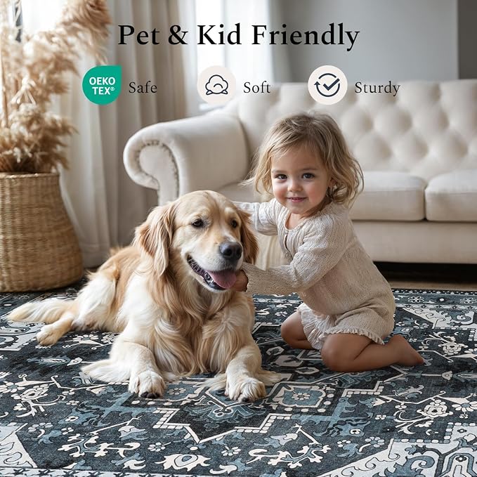 Rugflix 4x6 Area Rugs for Living Room, Washable Dark Navy Blue Rug | Machine Washable; Stain-Resistant; Low Pile; Non-Slip; Vintage Farmhouse; Carpet for Bedroom Dining Office Nursery Home