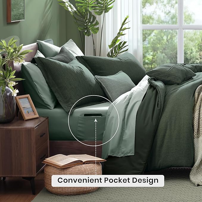 Monbix Oversized Queen Comforter Set Deep Forest 7 Pieces Bed in a Bag | Cationic Dyeing Reversible All Season Bedding Sets with Comforter, Sheets, Pillowcases & Shams