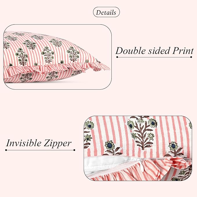 Ridhi Block Print Salmon Blossom Ruffle Lumbar Pillow Shams, 20" x 54" | 100% cotton, Floral Pillowcase, Cushion Cover, Hidden Zipper, Cottagecore Bedding, farmhouse boho style, fits couch, sofa,Bed
