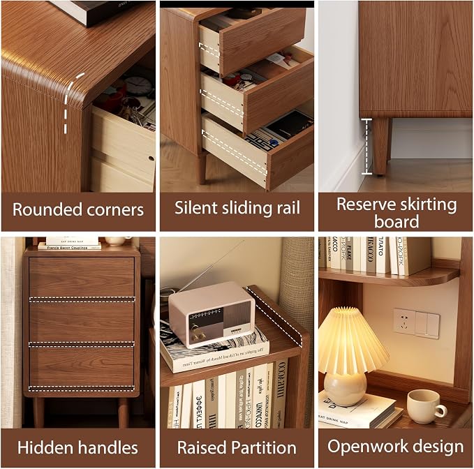 Solid Wood Bookshelf Nightstand Combo, Tall Nightstand with Bookshelf | Walnut Nightstand Bookshelf,Narrow Nightstand with Drawers,Open Shelf Bookcase,for Bedroom,Living Room,Offices