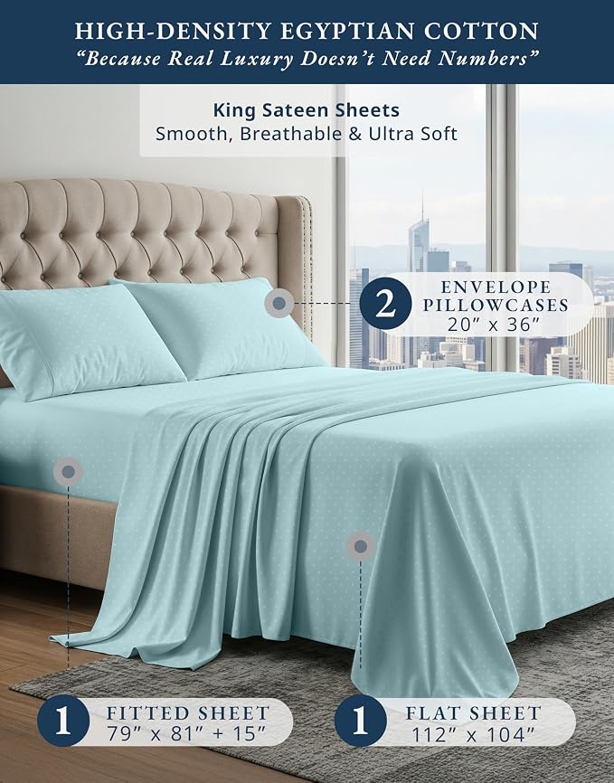 LANE LINEN King Top Sheets Only 100% Egyptian Cotton Sateen - Blue Sky | King Size Bed Sheets Deep Pockets - 4-Piece Set, For A Luxurious Night's Sleep, For Guests And Everyday Use, Plush