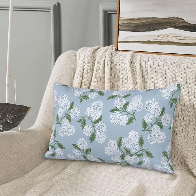 Light Blue Pillow Covers 12x20 Inch 2 Pcs Blue Green Hydrangea Flower Decor Throw Pillows Vintage Floral Seasonal Spring Summer Outdoor Decoration Pillowcase Linen Cushion Cover for Couch Sofa