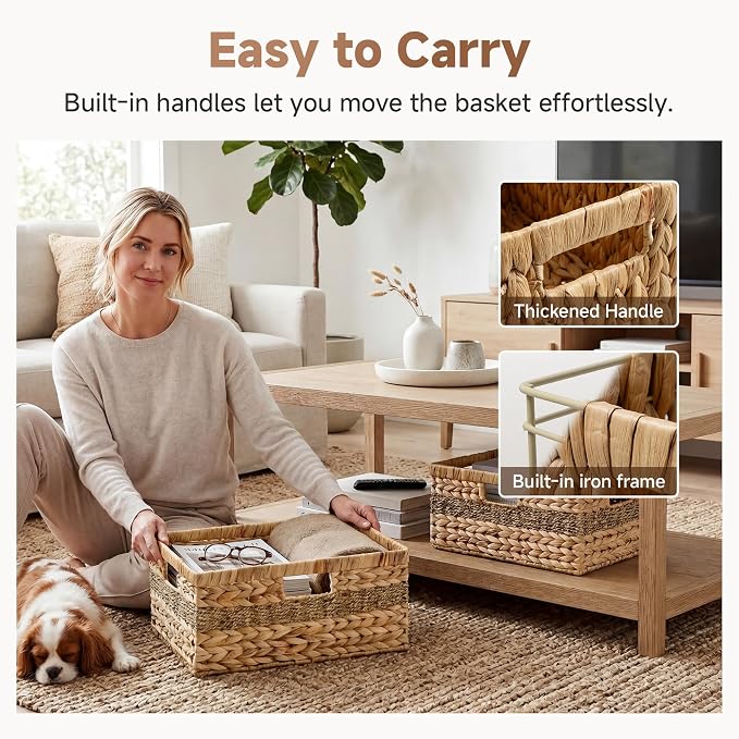 StorageWorks Jumbo Rectangular Wicker Basket, Water Hyacinth and Seagrass Storage Basket with Built-in Handles, 1 Pack | Woven Storage Baskets Water Hyacinth Seagrass, Large Seagrass Basket, Wicker Storage Baskets for Shelves, Woven Baskets