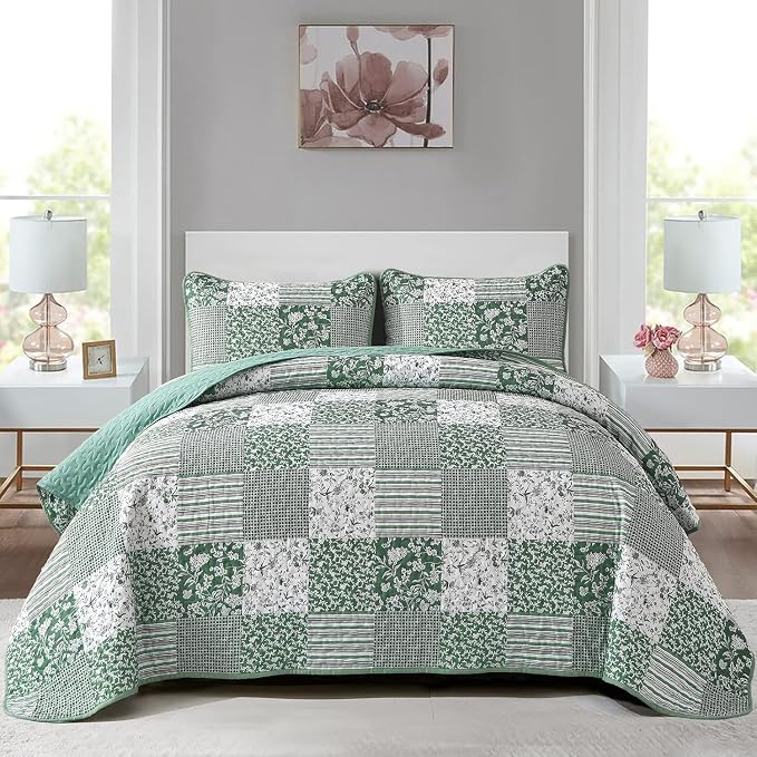 Mybedsoul Green Quilt Set Full Size, Patchwork Floral Bedding Set | Soft Lightweight Microfiber Coverlet Set, 3 Pieces Plaid Reversible Bedspread, Bed Sets for All Seasons 78"x90"