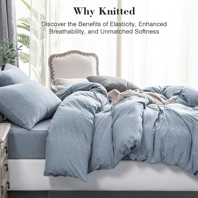 PURE ERA Jersey Knit Sheet Set Heather Blueish Grey California King | 100% Cotton, 3 Piece Set, T Shirt Soft, Breathable, Envelope Closure Pillowcases, Hidden Zipper, 8 Ties, No Insert, Modern