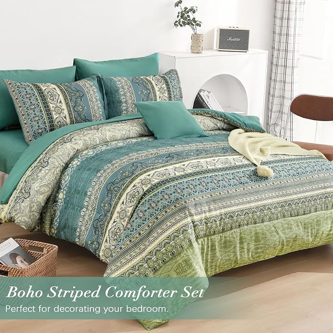 Cottolester Boho King Comforter Set 8 Pieces,Green Bohemian Comforter Paisley Striped Bed in A Bag,Soft Microfiber Bedding Set for All Season