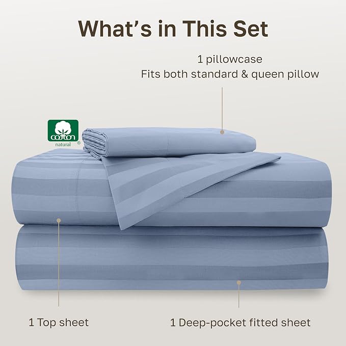 California Design Den 100% Cotton Sateen Twin XL Bed Sheets Set, 3 Pcs | Soft 500 Thread Count Backed by Good Housekeeping Seal, All-Around Elastic, OEKO-TEX certified- Light Blue Striped