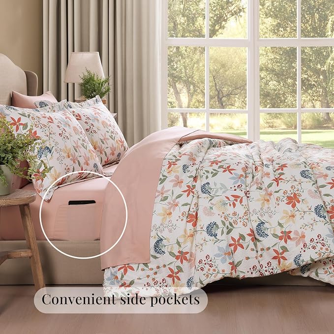 Queen Comforter Set - 7 Pieces Soft Floral Bed in a Bag Queen Bedding Sets | Clay Pink Botanical Flowers Comforter Set with Sheets, Pillowcases & Shams for All Seasons