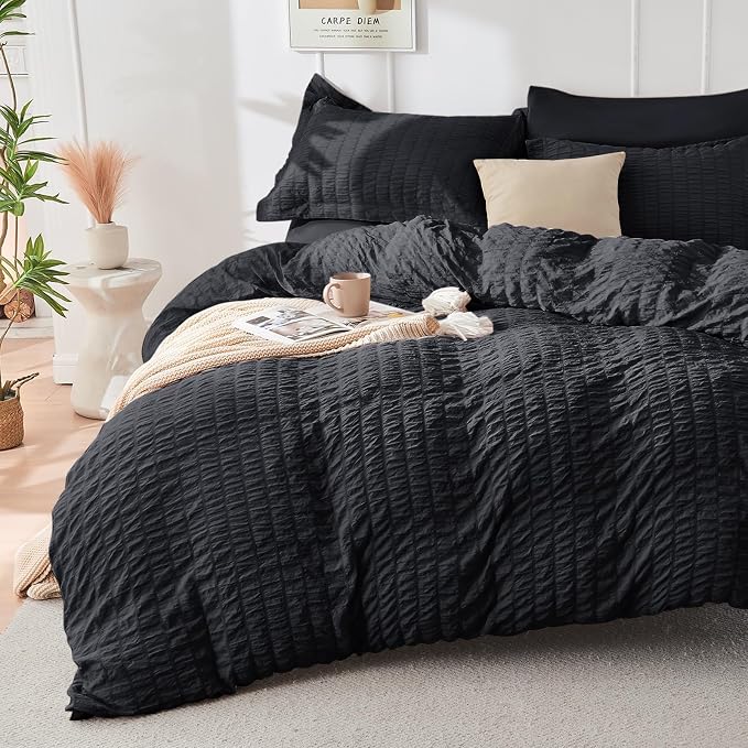 HYMOKEGE Black California King Comforter Set Seersucker 7 Pieces, All Season Luxury Bed in a Bag for Bedroom, Bedding Set with Comforters, Sheets, Pillowcases & Shams