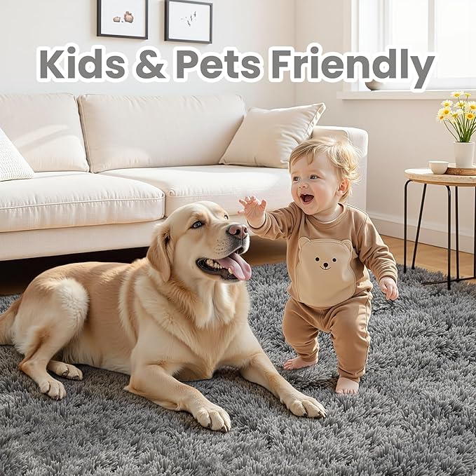 8x10 Fluffy Shag Area Rugs for Living Room Bedroom: Soft Carpet Light Gray | Upgraded Non-Slip Thick Memory Foam, Ultra Soft, Non-Shedding Fuzzy Carpet, Easy Clean Decor for Kids Room, Nursery, Playroom