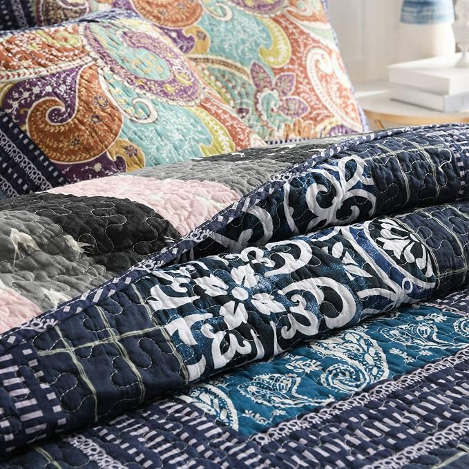 Cotton Patchwork Bedspread, 3-Piece Bedding Quilt Set with Real Stitched Embroidery, Reversible Matelasse Bed Coverlet Set,Vintage Flowery Grid,Queen Size