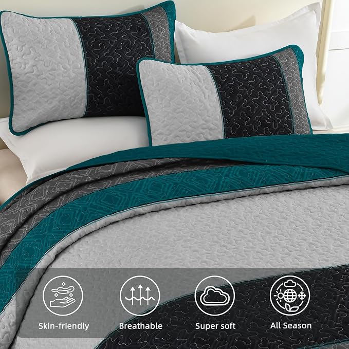 Cottolester Boho Quilt Set Full,Striped Plaid Bedspreads t Set,Peacock Blue | Lightweight Coverlets Set with 2 PillowShams,All Seasons Microfiber Quilt Bedding Sets for Bedroom Guest Room 78"x90"