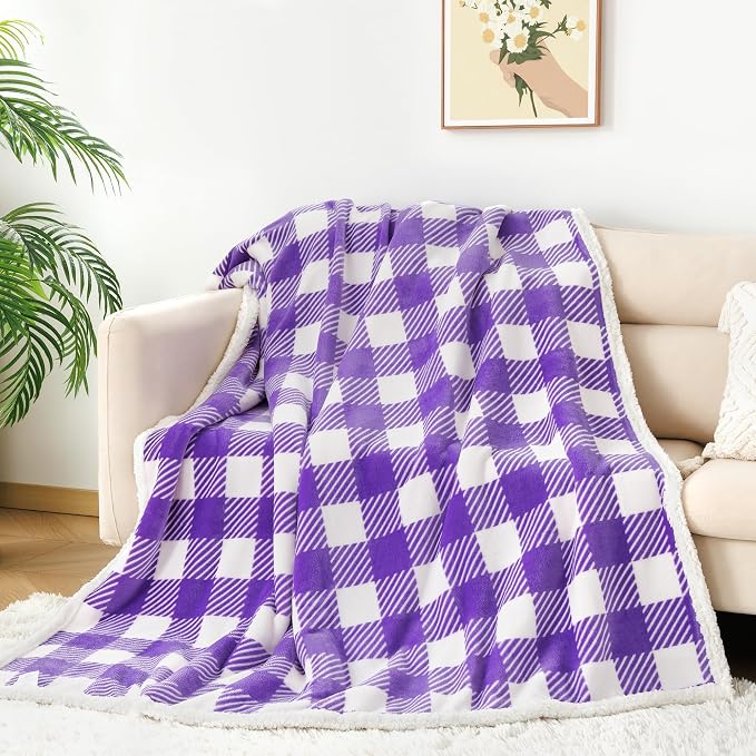Touchat Sherpa Plaid Twin Blanket 60" X 70", Fuzzy Fluffy Soft Cozy Throw Blanket, Twin Size Plush Fleece Flannel Plush Microfiber Blanket for Couch Bed Sofa (PurpleWhite)