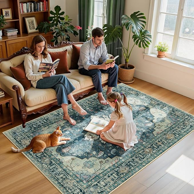 RELEANY Washable Area Rug, 5'x7', Blue/Vintage Dark Blue | Non-Slip, Water Repellent, Pet Friendly, Easy to Clean, Vintage Floral Boho Decor for Living Room Bedroom Dining Room Office