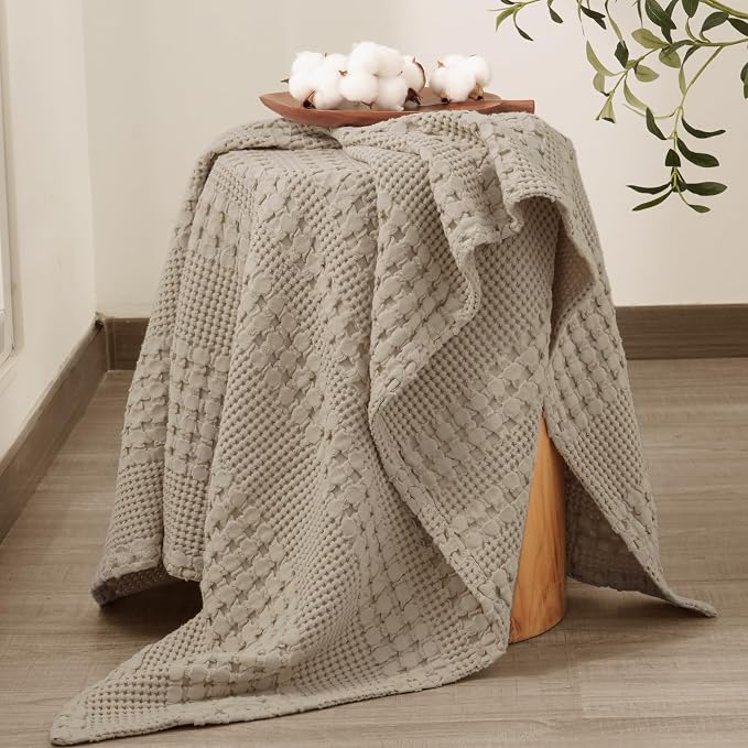 PHF Lightweight 100% Cotton Waffle Throw Blanket for Couch, Taupe | Pre-Washed Soft Cotton Comfort, Breathable Layering Warmth for Fall & Winter, Office, Travel, Sofa, Home Decor & Gifts