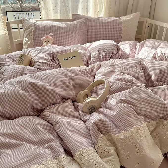 mixinni Purple White Gingham Duvet Cover Queen Size - 3 Piece Cottagecore Plaid Bedding Set with Lace Trim, Soft Washed Microfiber Vintage Aesthetic Grid Comforter Cover & Pillow Shams