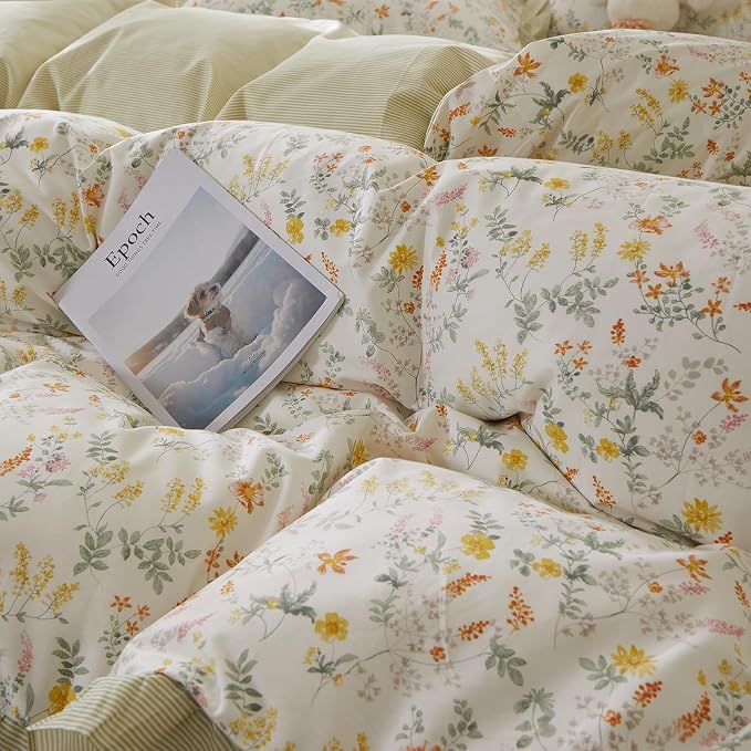 mixinni 100% Cotton Duvet Cover Set King, Reversible Spring Floral Ruffle Green Striped Bedding for Girls, French Country Cottagecore Aesthetic 3PC Duvet Cover with Zipper Closure & Pillowcases