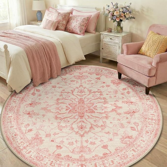 RELEANY Washable Area Rug, Round 6ft, Pink/Light Vintage Pink | Non-Slip, Water Repellent, Pet Friendly, Easy to Clean, Vintage Floral Boho Decor for Living Room Bedroom Dining Room