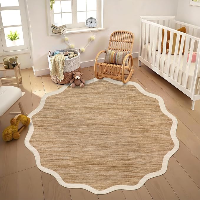 GarveeHome Scalloped Washable Round Rugs 4ft Non-Slip Soft Ultra-Thin | Small Boho Circle Stain Resistant Low Pile Carpet for Entryway Kitchen Bedroom Nursery Bathroom