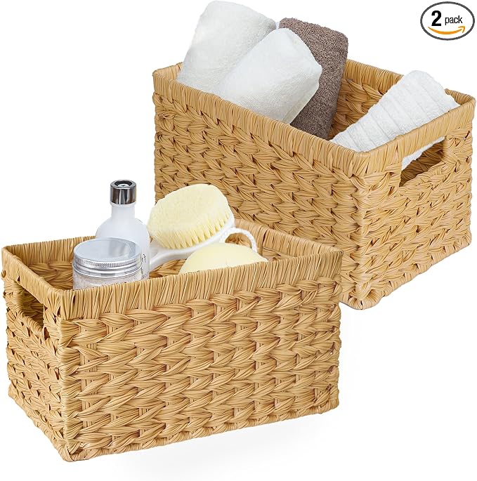 GRANNY SAYS Wicker Storage Baskets, Waterproof Woven Baskets, 2-Pack | Plastic Woven Baskets for Shelves, Wicker Baskets with Handles, Wicker Storage Baskets for Shelves, Woven Baskets for Storage