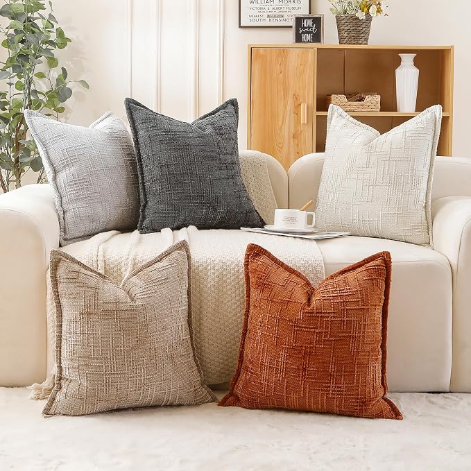HPUK Chenille Throw Pillow Covers 18x18 Inch, Soft Woven Texture, Set of 2 | Plush woven texture, invisible zipper, couch sofa bed bedroom living room decor, square cushion covers, inserts not included