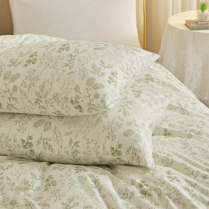 mixinni 3pcs Girls Boho Green Floral Duvet Cover Set King Size Cotton Soft Aesthetic Cute Flowers Leaves Pattern Bedding Comforter Cover, 1 Queen Duvet Cover with 2 Pillowcases for All Seasons