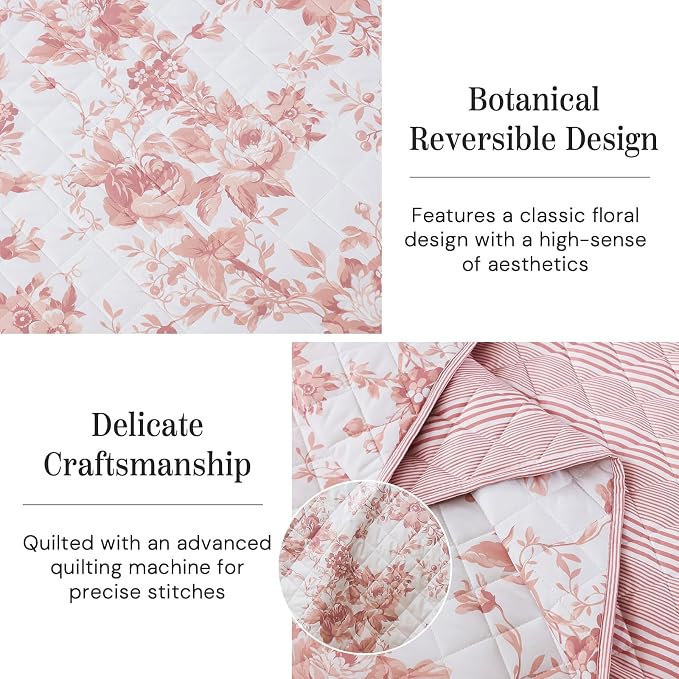 BLOOMHAVEN Queen Quilt Set-3 Pieces Soft Bedding Floral Reversible Coverlet | All Seasons Lightweight Quilts Queen Size for Bed, Breathable Vintage Bedspread with Shams, Dusty Rose Pink