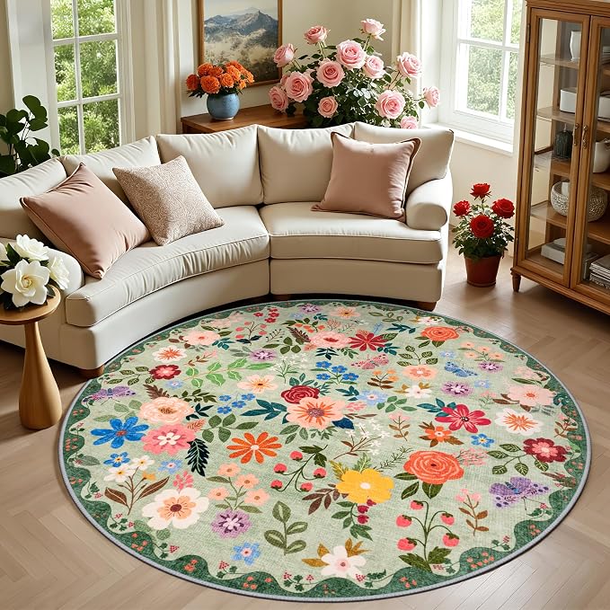 PLHXFR Round Area Rug Living Room: 6 ft Floral Washable Soft Carpet Green | For Bedroom Dining Room Farmhouse Nursery Hallway,Vintage Floral,Machine washable,Non Slip,Stain Resistant,Large Indoor