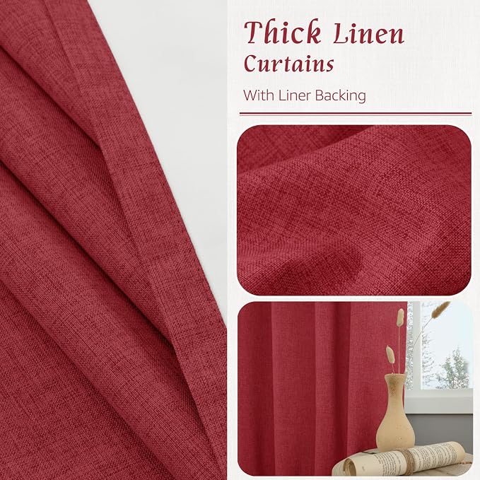 Red 100% Blackout Linen Bedroom Curtains 84 Inch with White Liner | Privacy, Christmas Decor, Living Room Curtains, Room Darkening, Rod Pocket Back Tab, Neutral Drapes, 2 Panels, 52 x 84 Inch