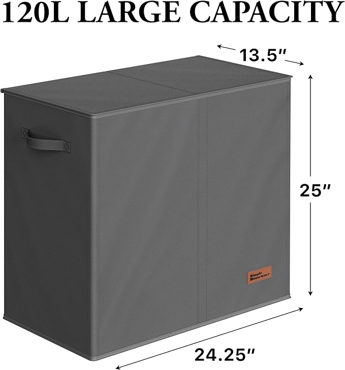 Simple Houseware Double Laundry Hamper with Lid & Removable Bags, Dark Gray | Heavy Duty 600D Polyester, Water-Resistant Surface
