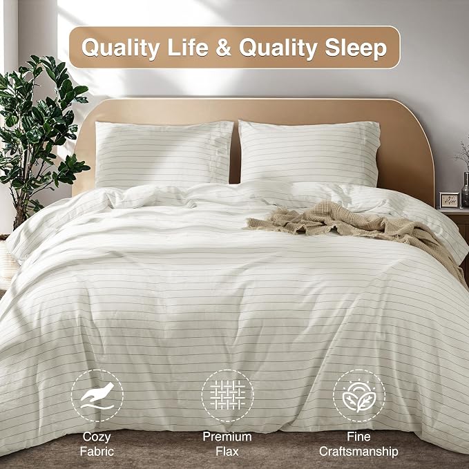 SONORO KATE 100% French Linen King Duvet Cover Set,Zipper Closure,3PC | Natural French Flax,Soft Breathable for Hot Sleepers,Moisture Wicking & Durable,4 Corner Ties,White & Dark Grey Stripes