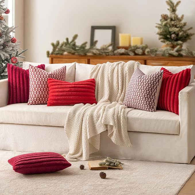 MIULEE Faux Fur Decorative Throw Pillow Covers 12x20 Set of 2 Red | Modern Soft Plush Couch Pillows, Cozy Fluffy Cushion Covers for Sofa Bed Living Room Home Decor