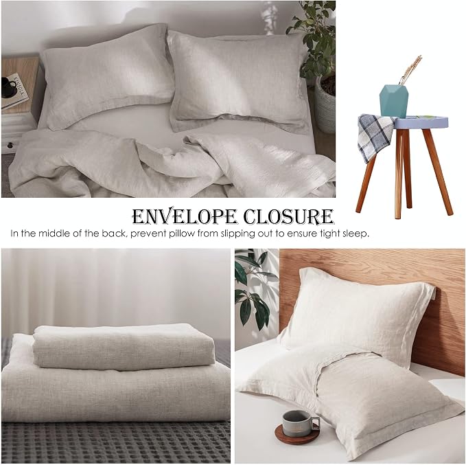 Simple&Opulence 100% Linen Duvet Cover Set 3pcs Basic Style Natural French Washed Flax Solid Color Soft Breathable Farmhouse Bedding with Button Closure - Linen, Full