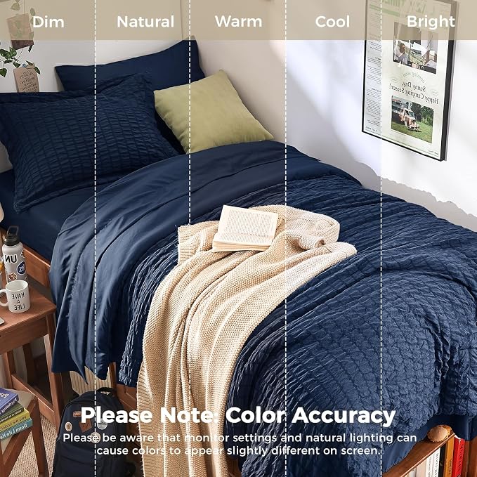 HYMOKEGE Navy Blue Twin Comforter Set Seersucker 5 Pieces, All Season Luxury Bed in a Bag for Bedroom, Bedding Set with Comforters, Sheets, Pillowcase & Sham