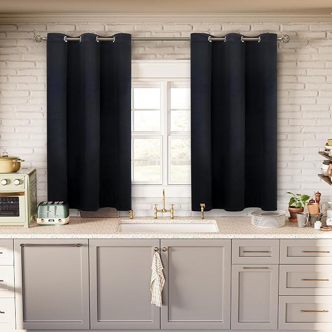 BGment Short Curtains for Small Window 45 Inch Long - Black 2 Panels | Grommet top, Blackout, Room Darkening, Sunblock, Thermal Insulated, Window Drapes for Kitchen, 38x45 Inch