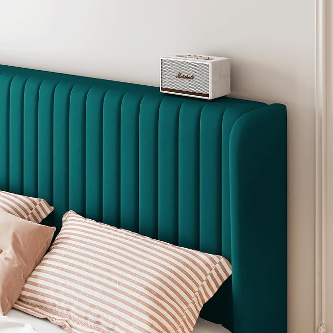 SHA CERLIN King Size Velvet Bed Frame, Tufted Wingback Headboard, Teal | 47'' Modern Vertical Channel Headboard, Upholstered Platform Bed, Wood Slats, No Box Spring Needed, Easy Assembly, Noise Free