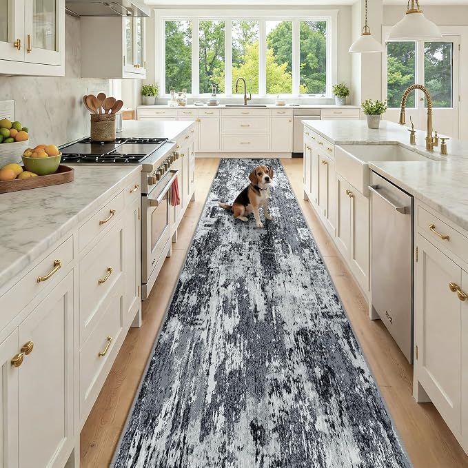 RELEANY Washable Runner 2'6"x14' Abstract Area Rug for Hallway Black White | Carpet for Kitchen, Entryway, Bathroom, Living Room, Bedroom, Printed Pattern, Non‑Slip, Soft, Stain‑Resistant, Easy to Clean