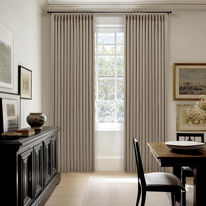 Pleated Linen Blackout Curtains 112 Inches Long for Living Room Deep Flax | Pinch Pleat for Track System, Custom Made, Memory Shape, Drape 100% Black Out Light Blocking, Bedroom Window Curtain Greige