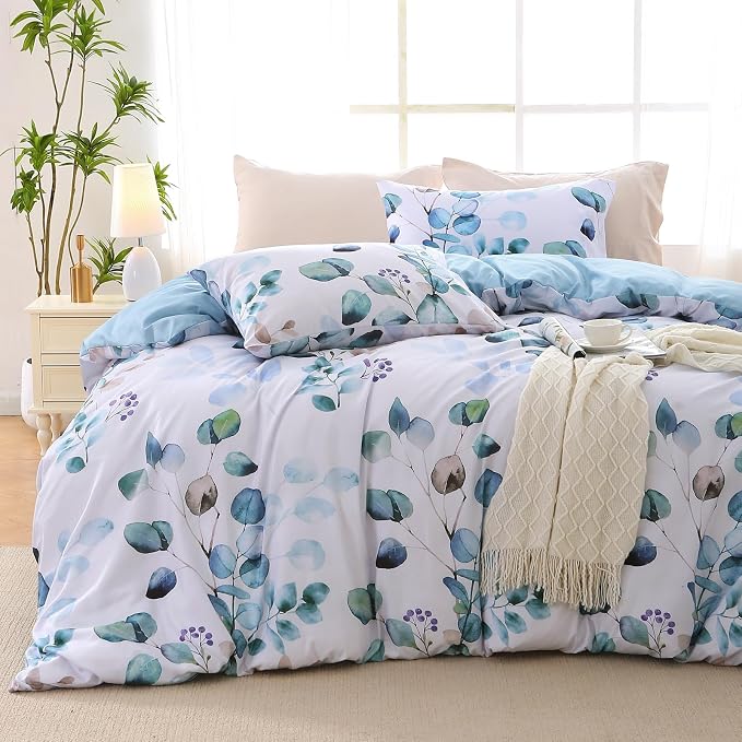MUXHOMO Duvet Cover Full Size, Reversible Floral Blue Duvet Cover Set with Zipper Closure, 3 Pieces Botanical Patterns Soft Microfiber Bedding Set with 4 Ties (80"x90", 2 Pillow Cases)