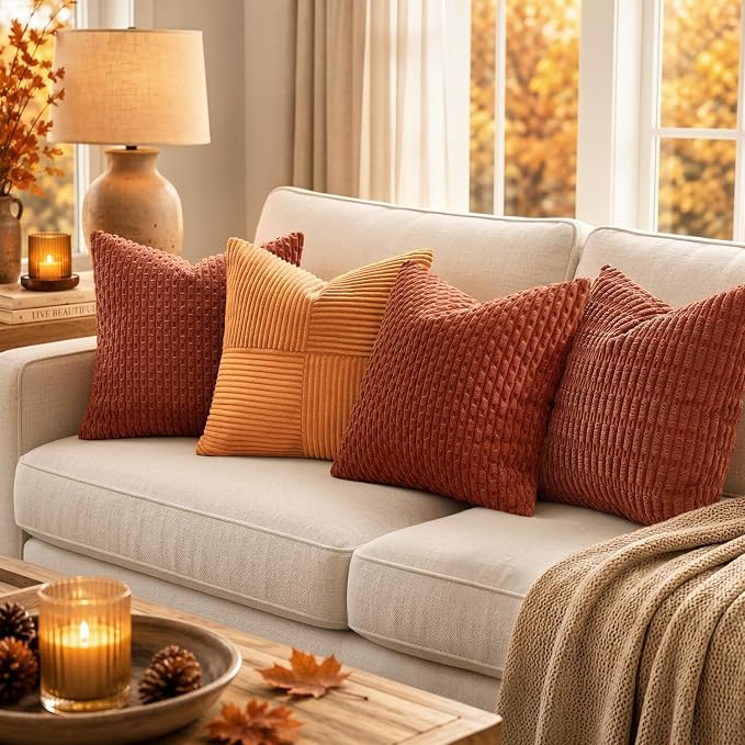 MIULEE Lumbar Fall Decorative Throw Pillow Covers 12x20 Rust Corduroy | Terracotta Textured Striped Pack of 2 Striped Pillow Covers Modern Farmhouse Autumn Home Decor for Couch Bed Sofa Living Room