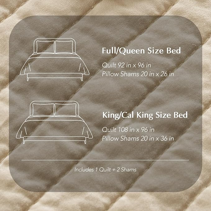 EVERGRACEHOME Cotton Sateen Quilt Set, Queen Size, Light Sand | 100% Cotton, Channel Stitch Coverlet Bedspread, Pre-Washed Lightweight Soft Bedding Set for All Season, 3 Piece, with 2 Shams