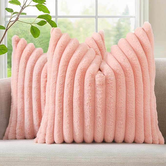 decorUhome Fall Faux Fur Throw Pillow Covers 18x18 Set of 2 Blush Pink | Decorative Soft Cozy Striped Plush Modern Farmhouse Boho Couch Pillow Cases Velvet Back for Sofa Bed Living Room Home Decor