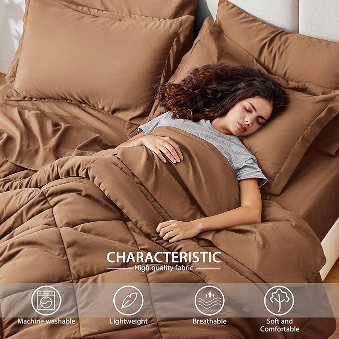 Love's cabin Queen Comforter Set Mocha Mousse, 7 Pieces Queen Bed in a Bag, All Season Bedding Sets with 1 Comforter, 1 Flat Sheet, 1 Fitted Sheet, 2 Pillowcase and 2 Pillow Sham