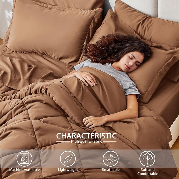 Love's cabin Twin Comforter Set Mocha Mousse, 5 Pieces Twin Bed in a Bag, All Season Bedding Sets with 1 Comforter, 1 Flat Sheet, 1 Fitted Sheet, 1 Pillowcase and 1 Pillow Sham