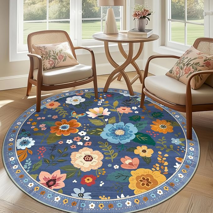 RELEANY Floral Washable Round 6ft Area Rug Blue/Grey | Flower Carpet, Print, Boho, Non-Slip, Easy to Clean, Soft, Low Pile for Living Room Bedroom Kitchen Office Entryway Hallway