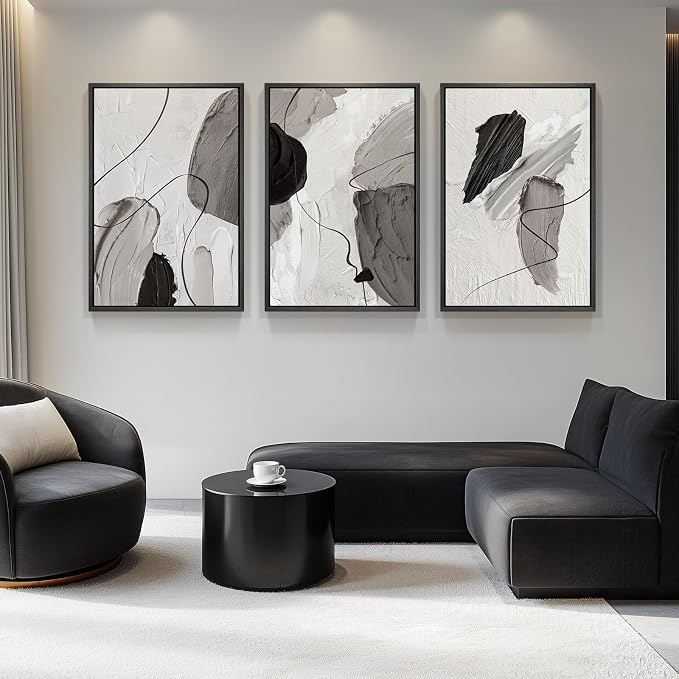 Large Framed Modern Abstract Wall Art for Living Room, 3 Piece 24x36 Inch | Black White Gray Canvas Prints, Modern Paintings, Minimalist Artwork, Abstract Pictures, Bedroom Hallway Office Wall Decor