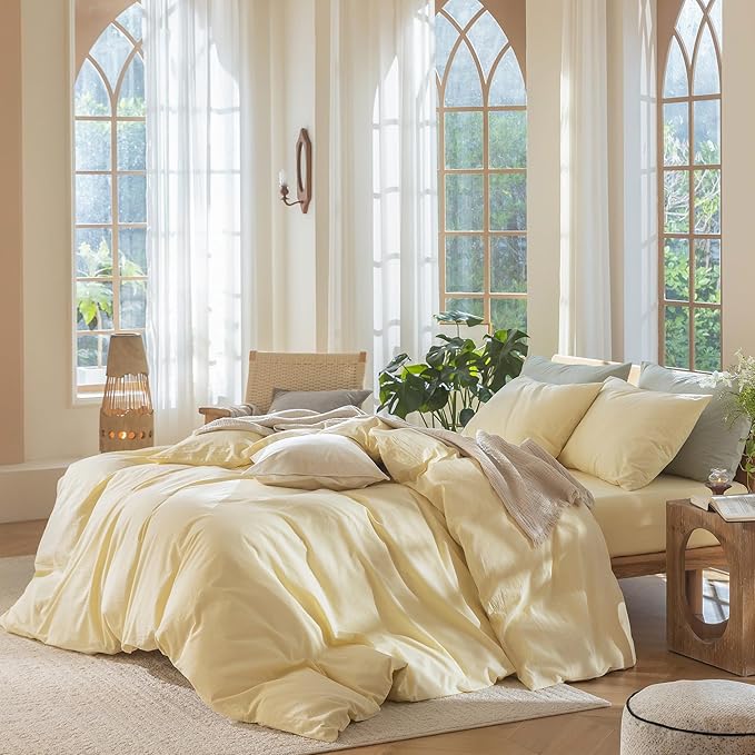 MooMee Duvet Cover Set 100% Washed Cotton Linen Like Oversized Queen | Relaxed Linen-like Texture. Soft, Breathable & Long-lasting Comfort. Lightweight. Hidden Zipper with 8 Interior Corner Ties